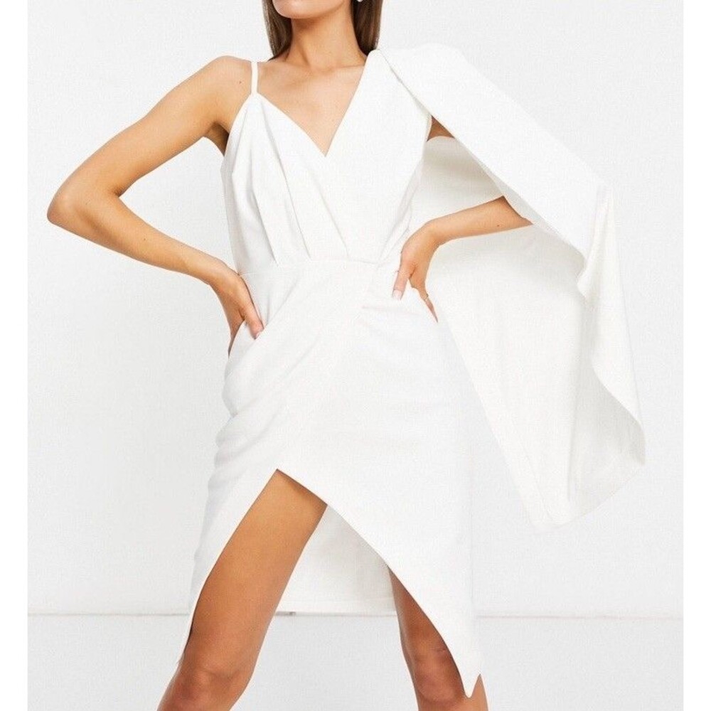 Lavish Alice One Shoulder Cape Midi Slit Dress White Sz 4 White NWT